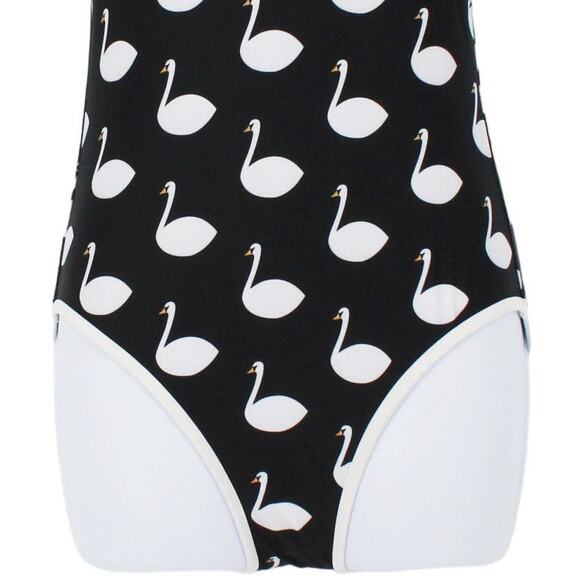 Swimsuit Vintage Style Structured One Piece in Black White Swan Prints Size XS - Picture 3 of 7